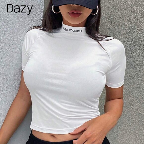 Letter Printed Half Collar Cropped Short Sleeve Tee - Picture 1 of 1